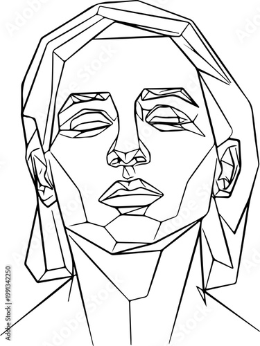 Abstract geometric portrait of a contemplative human face, rendered with clean, angular lines and a minimalist style, emphasizing modern polygonal design