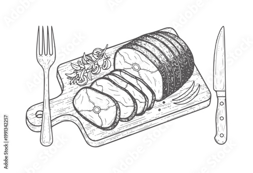 Sliced salmon steak wooden cutting board with fork and knife fish food