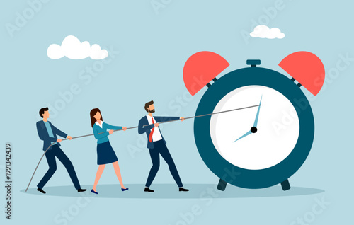 Team pulls rope tied to clock to push back looming deadline. Urgency and race against time. Project pressure in office work and productivity. Time management, business planning for efficiency 