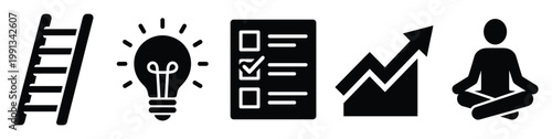 Business and personal development concepts with icons for growth, ideas, planning, and focus for various projects