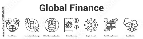 Global Finance web banner icon set vector illustration concept for business with icon of Global Finance, International Exchange, Global Currency Database, Digital Currency, Crypto Network, Fast Mo.