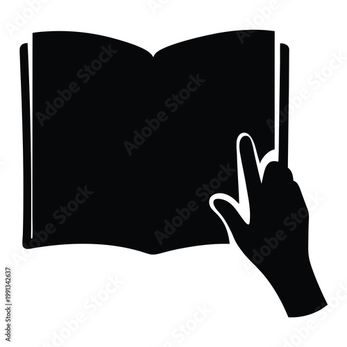 Black silhouette of an open book with a pointing hand, reading concept