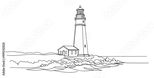 Elegant continuous line illustration showcasing a lighthouse and coastal building with ocean for navigation and seaside vacation branding designs