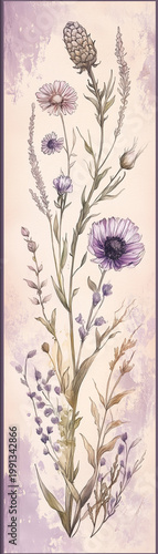 Botanical illustration of lavender and purple flowers on aged wallpaper