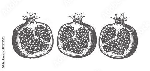 Three halves of pomegranates with visible seeds in a rough style fruit monochrome