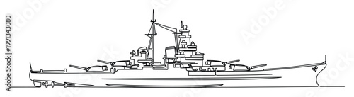 Continuous line drawing of a powerful warship profile for historical naval projects and military graphics