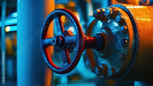Close-up view of a red industrial valve control wheel with intricate mechanical details and vibrant ambient lighting