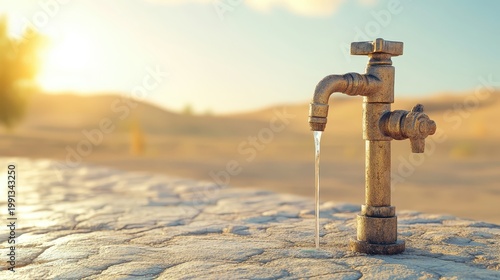 Dry desert landscape with a dripping tap symbolizes urgent water scarcity and the critical need for conservation efforts.