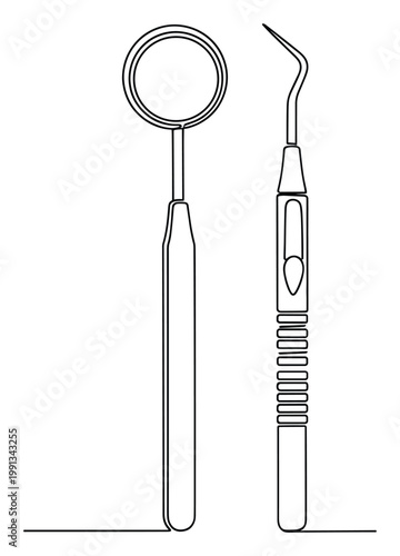 Line drawing of dental mirror and probe for dental care and medical education visuals