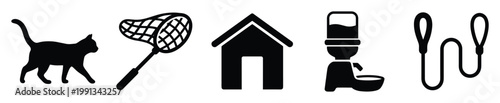 Pet care and animal symbols including a cat, net, house, feeder, and leash for vet clinics