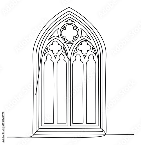 Intricate Gothic arched window continuous line drawing featuring elaborate medieval architectural tracery design
