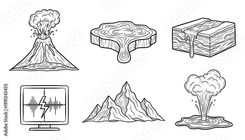 Hand drawn natural phenomena icons including erupting volcano, tree stump, rock layers, and geyser for geological studies