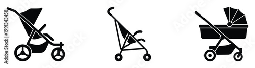Diverse collection of baby stroller silhouettes for childrens product advertisements and parenting website graphics