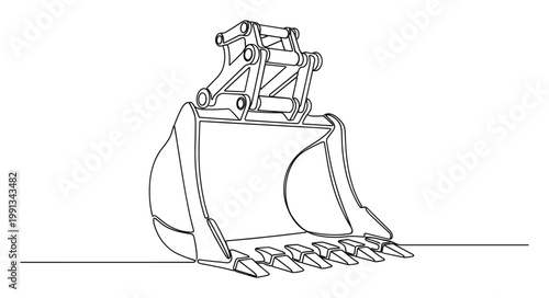 Continuous line drawing of an excavator bucket, useful for construction industry projects and heavy machinery engineering presentations