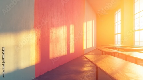 Empty Classroom Bathed in Golden Sunlight, Illuminating Desks and Walls with Warm Light Patterns
