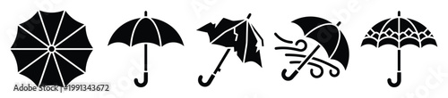 Collection of various umbrella icons representing different weather conditions and protection for digital graphics