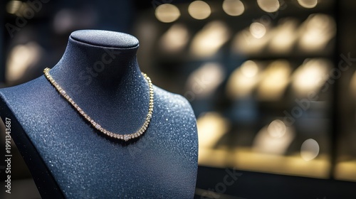 Exquisite Gold Diamond Necklace Elegantly Displayed on a Mannequin in a High-End Luxury Jewelry Showroom