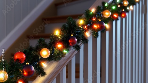 Festive Christmas Garland with Warm Lights Draped Over a Staircase Railing, Creating a Cozy Holiday Ambiance
