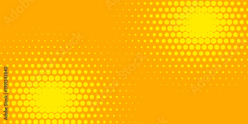Yellow halftone pattern. Retro comic gradient background. Bright orange pixelated dotted texture overlay. Cartoon pop art faded gradient pattern.