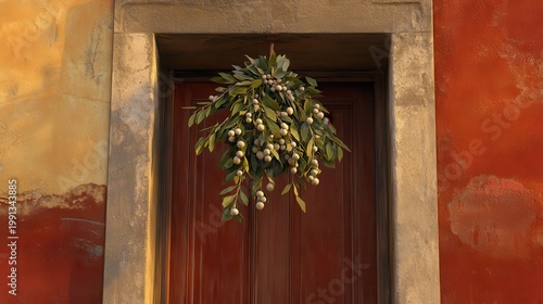Festive Christmas mistletoe arrangement hangs invitingly above a warm, inviting wooden doorway, embodying holiday cheer.