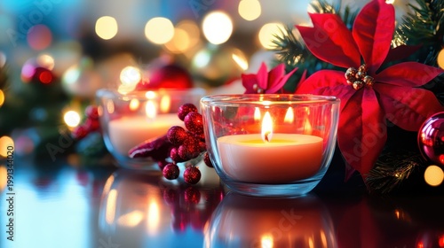 Festive Christmas candles in a glowing centerpiece with warm light and traditional decor create a cozy holiday atmosphere.