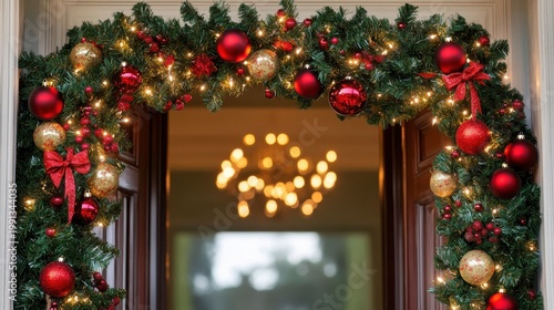 Festive Christmas garland with twinkling lights and red ornaments draped over a warmly lit doorway
