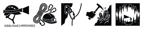 Collection of spelunking and caving equipment symbols and adventure scene representing underground exploration activity