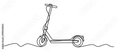 Modern electric scooter drawn with a single continuous line representing sustainable urban transportation and innovative personal mobility designs.