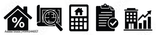 Collection of real estate and financial icons for property investment, mortgage, and market analysis applications