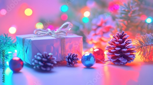 Festive Christmas Gifts and Decorations with Twinkling Lights and Pinecones