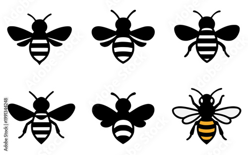 Honey bee set icon illustration, in silhouette design, isolated on transparent background