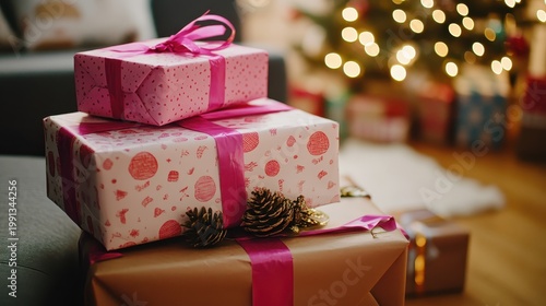 Festive Holiday Gift Exchange with Colorful Wrapping and Pinecones in a Cozy Living Room Setting