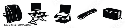 Ergonomic office furniture and computer peripherals including a standing desk converter, laptop stand, and back support for healthconscious home or professional workspace setups.