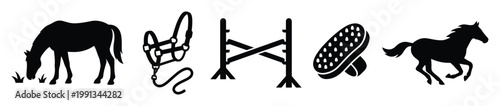 Commercial black silhouette icons of horses and equestrian equipment for veterinary or sports related branding