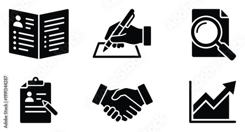 Professional business icons depicting documentation, agreement, data analysis, and financial growth useful for office applications and reports