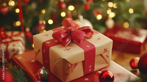 Festive Christmas Gift Box with Red Ribbon Bow and Decorative Snowflake Pattern Under a Bokeh Tree