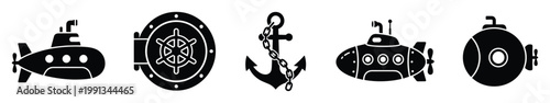 Collection of submarine and nautical symbols for maritime graphic projects and underwater adventure themes