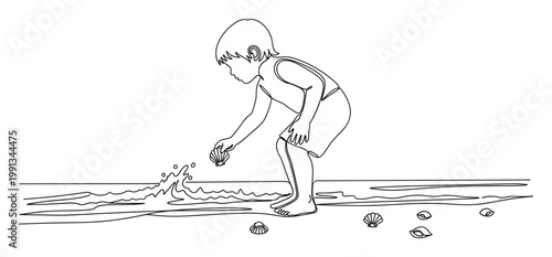 Happy child playing in shallow ocean water collecting seashells on the beach shore for summer activities