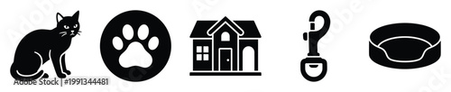 Black silhouette icons for pet care depicting a cat, paw print, house, leash clip, and bed