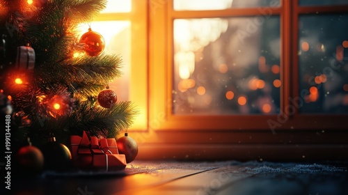 Festive Christmas tree with warm glowing lights and presents near a window on a cozy winter evening