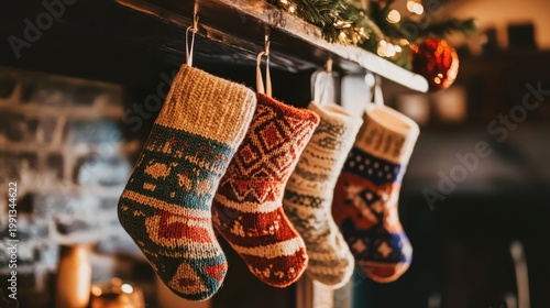 Four cozy Christmas stockings with festive knit patterns hanging from a rustic mantlepiece with warm lighting