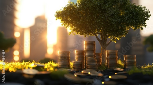 Financial Growth Tree Symbolizing Investment Strategies with Golden Coins and Cityscape Background