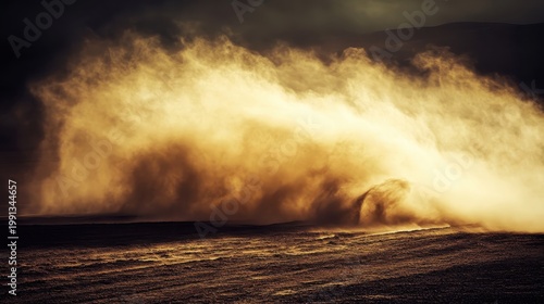 Dramatic dust storm obscuring a desert landscape under intense, moody lighting