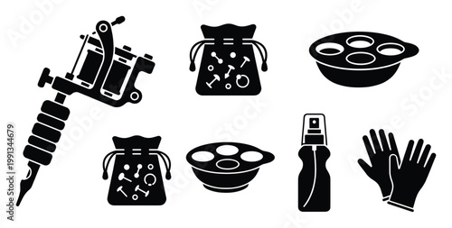 Professional tattoo machine, body piercing accessories, ink caps, and protective gloves for studio branding materials.