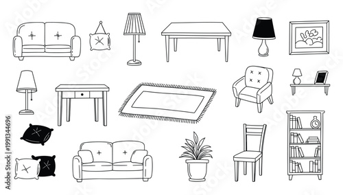 Hand drawn household furniture and decor items in sketch style for interior room decoration concepts