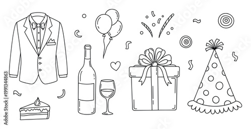 Celebration party outline objects including tuxedo, wine, cake, gift, and hat for event invitations or greeting projects