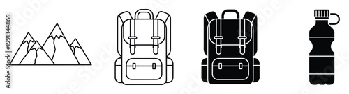 Collection of outdoor adventure hiking camping gear icons including mountains backpack and water bottle for graphic design resources