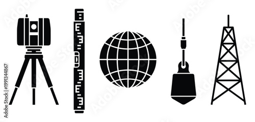 Professional surveying and geodesy equipment icons for land measurement, mapping, and engineering graphics