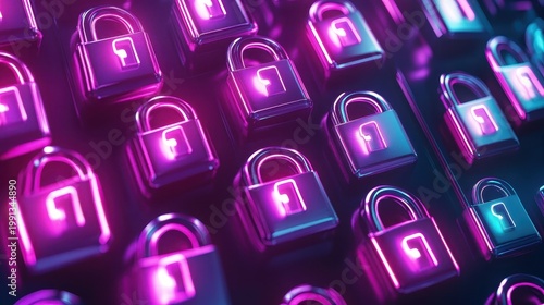 Multiple glowing digital locks symbolizing cybersecurity and data protection in a neon-lit environment