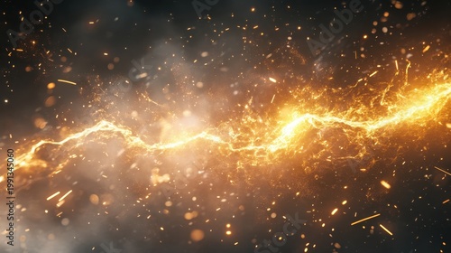 Explosive Golden Energy Arc and Fiery Particles illuminating a Cosmic Nebula